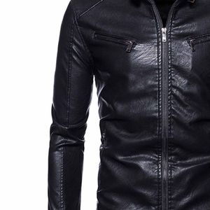 Veste de moto à col montant pour homme en cuir noir avec fermeture éclair Poches poitrine Boucle Détail Fonctionnel Course automobile Hiver - Product Image 3