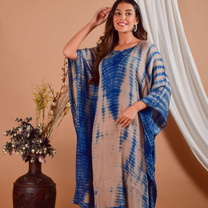 Tie Dye <b>Beach</b> Kaftan for <b>Women</b> Half Sleeve Hand Dyed Summer <b>Cover</b>-<b>Up</b> V-Neckline Long Bohemian Style Floor-Length Natural - Product Image 1