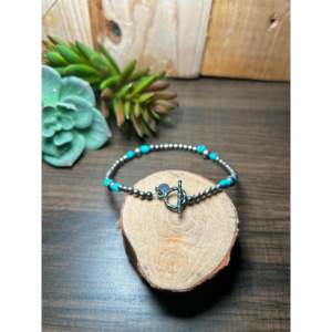 Navajo Strung Kingman Turquoise <b>Beaded</b> <b>Bracelet</b> with Ball Shape Elegant Sterling Silver Gift for Him - Product Image 2