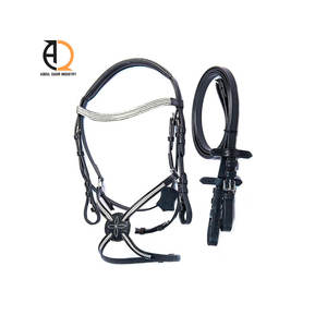 Cabestro de cuero estilo inglés para caballo, con cuerda roja de nailon y PVC, y hebillas de cobre - Product Image 1