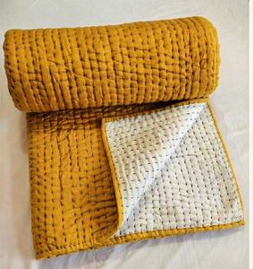 Solid Yellow Cotton Kantha <b>Quilt</b> Eco-Friendly Hand-Stitched Reversible Modern All-Season Bedding Throw for Home & Wedding Use - Product Image 6