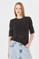 Blusa de punto con encaje y estampado de rosas para mujer - Top suave de manga corta con cuello redondo y botón trasero - Prenda de punto floral de verano