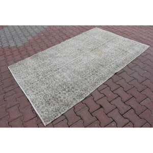 Tapis turc classique vintage beige 4.6x7.5 pieds en laine faite à la main avec motif patchwork et support en latex pour chevet - Product Image 3