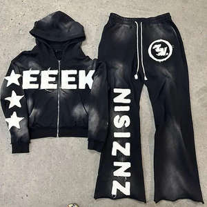 OEM Vintage Sun Fade Oversize Hoodie Flare Pierna Pantalones de chándal Personalizado Desgastado Bordado Logo Hombres Chándal - Product Image 6