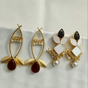 Boucles d'oreilles uniques en perles à double pierre faites à la main pour femmes Design naturel paires de boucles d'oreilles en laiton en vrac bijoux en gros - Product Image 2