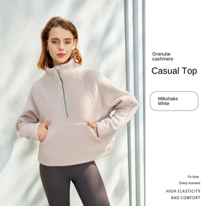 Sweat-shirt pour femme à col rond et demi-zip doublé en polaire tissée de couleur unie décontractée, nouvelle collection 2025 - Product Image 6