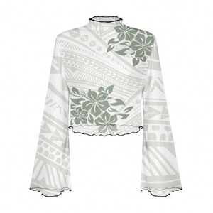 เสื้อแฟชั่นฤดูใบไม้ผลิใหม่ พิมพ์ลายดอกชบาแบบโพลินีเซียน เสื้อแขนกระดิ่งสำหรับผู้หญิง ระบายอากาศได้ดี - Product Image 4