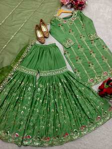 Qjimpex Ethnique Femmes Faux Georgette Sharara Costume Lourd Broderie Fête Porter À La Mode Robe Indienne pour Filles Festival Collection - Product Image 4