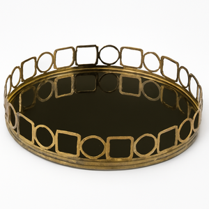 Plateau rond décoratif doré de luxe avec bordure géométrique en métal et surface miroir Décoration d'intérieur de qualité supérieure pour intérieurs modernes - Product Image 6