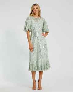 Elegante patrón floral Aline vestido de noche con mangas de lentejuelas con cuentas vestido de bola estilo fiesta tamaño pantorrilla vestido con forma de cuerpo - Product Image 6