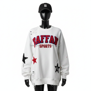 Sudadera Extra Grande de Felpa de Algodón para Mujer, Blanca con Diseño de Estrella, Estilo Desgastado y Logotipo de Chenilla Personalizado, Sudadera Transpirable para Mujer - Product Image 6