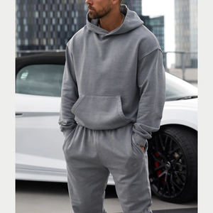 Ensembles de survêtements 100% coton uni 400gsm pour hommes, pantalons de survêtement et sweat à capuche surdimensionnés, logo respirant pour l'hiver, deux pièces - Product Image 4
