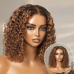 Perruque longue de luxe en cheveux humains vierges, blonds avec mèches, bouclés profonds, sans colle, avec closure 5x5 transparente HD, pour femmes noires - Product Image 1