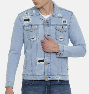 High Street <b>Men's</b> Top Selling Denim Jacket 100% Cotton Washable Fitted Ripped Design Snap Collar Hand <b>Warmer</b> Pockets for Winter - Product Image 1
