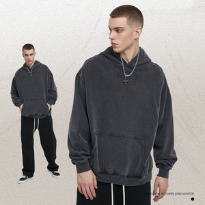 Sweat à capuche oversize pour homme, 100% coton molletonné, impression numérique, hiver, délavé à l'acide, uni, sans cordon, 300 grammes - Product Image 1