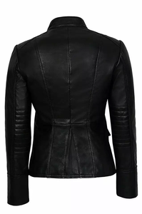 Chaqueta de cuero cálida de invierno con logotipo personalizado para mujer, estilo de béisbol corto y delgado con decoración de botones, técnicas impresas a la venta - Product Image 4