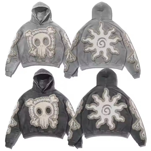 Sudaderas con capucha para hombre con lavado ácido de gran tamaño pesado 100% algodón Retro lavado ácido parche desgastado bordado Sudadera con capucha para hombre - Product Image 6