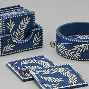 Indian Supplier Offers Handmade Blue & <b>White</b> Bone Inlay 3mm Thick Eco-Friendly <b>Coaster</b> Set with Holder and Floral Pattern - Product Image 4