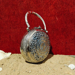 Round Antique Silver Metal Evening <b>Handbag</b> with Carved Medallion Design Luxury Womens Party <b>Wedding</b> Statement Carry Bag - Product Image 3