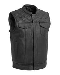 Men <b>Black</b> Genuine Leather <b>Vest</b> Diamond Quilted Shoulder Mandarin Collar and Front Zipper - Product Image 1
