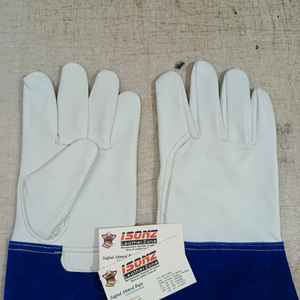 Gants de soudeur TIG personnalisés en cuir blanc avec paume en cuir et manchette bleue, anti-chaleur, anti-coupure, pour soudage TIG/MIG et barbecue - Product Image 3
