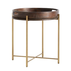 Hot Selling Modern Design Acacia Wooden <b>Round</b> <b>Table</b> <b>Top</b> with Metal Iron Square Rod 4 Legs Stand Gold Brown for Homes Hotels - Product Image 1