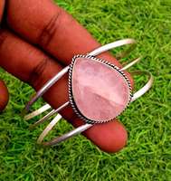 Bracelet de manchette réglable en argent sterling 925 pierre précieuse de quartz rose pour la guérison et le bracelet fin anti-anxiété