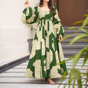 Vestido Maxi Floral Verde Bosque para Mujer, Marca Unity Luxure, Tela de Rayón Premium, Manga Abullonada, Cuello Cuadrado, Vestido Evase - Product Image 1