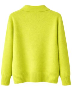 Women Lime Green Button Front Knit Cardigan Sweater Long Sleeve Soft Casual <b>Winter</b> <b>Top</b> With Polo Collar For Ladies Fashion Wear - Product Image 2