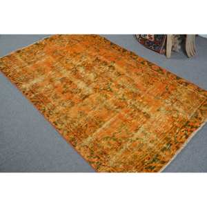 Tapis turc vintage grande surface 3.7 X 6.1ft Rectangle Patchwork Design Orange vert laine matériau latex support pour couloir chambre - Product Image 4