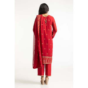 Ensemble de costume en mousseline de soie brodée rouge pour femmes, 3 pièces - Product Image 5