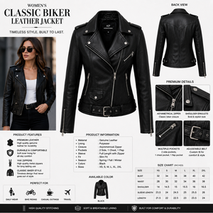 Veste de motard en similicuir noir pour femme, manches longues, fermeture éclair, col montant, coupe classique - Product Image 5