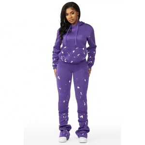 Pantalon empilé à imprimé personnalisé pour femmes, pantalon de survêtement en molleton de coton et sweat-shirt, ensemble 2 pièces, survêtement oversize pour femmes - Product Image 1