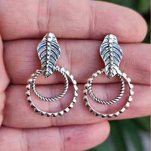 925 Sterling Silver Handmade Boho Leaf Earrings <b>Unique</b> Double Hoop Dangle Design Nature-inspired <b>Gift</b> Jewelry - Product Image 1