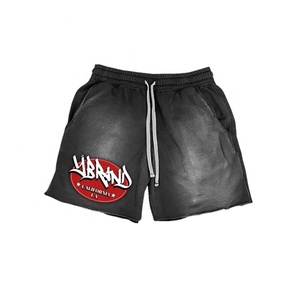 Short en polaire délavé vintage à impression bouffante 3D personnalisé motif solide short de sueur d'été bord coupé patch de détresse lavé à l'acide - Product Image 4