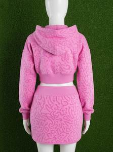 Pink Flock Print Crop Hoodie <b>Set</b> Women's Textured Full Sleeve Active Stretch Mini Skirt Outfit - Product Image 4