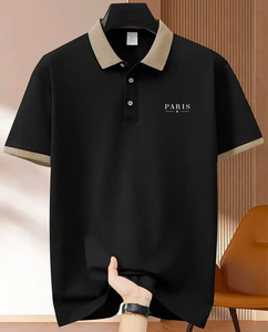 Chemise de golf décontractée pour homme avec drapeau français imprimé polyester tissu tricoté légèrement extensible coupe régulière col à revers bouton couleur unie - Product Image 4