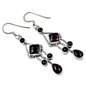 Boucles d'oreilles pendantes géométriques vintage en grenat, en argent 925, pour femme, à porter au quotidien, serti clos, du Rajasthan - Product Image 3