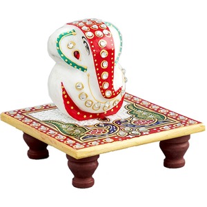 Multicolor Marble Ganesh With Chowki for Puja - Product Image 2