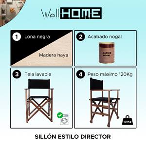 Chaise de directeur WELL HOME, structure en noyer avec toile noire, 51x46x86 cm, pour usage en jardin - Product Image 2