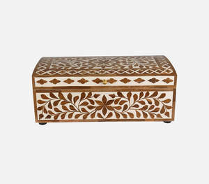 Boîte décorative luxueuse en bois sculpté à la main avec un élégant motif floral brun en forme de feuille, boîte à bijoux rectangulaire - Product Image 1