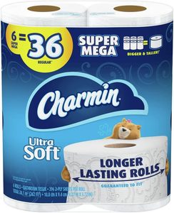 CharminUltra Soft Toilet <b>Paper</b>, 6 Super Mega Rolls = 36 Regular Rolls - Product Image 1