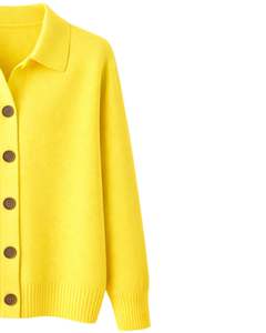 Women Bright Yellow Button Front Knit <b>Cardigan</b> Sweater <b>Long</b> Sleeve Soft Casual Winter Top With Polo Collar For <b>Ladies</b> Wear - Product Image 3