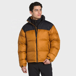 <b>Men's</b> Mustard <b>Black</b> Color Block Puffer Jacket Stand Collar Down Windproof Winter <b>Coat</b> - Product Image 1