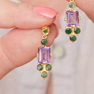 Vintage Gold Plated Bezel Set Drop Earrings with Amethyst and Green Gemstones Geometric Design Certified Women's <b>Party</b> Jewelry - Product Image 3