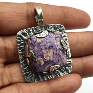 925 Sterling Silver Charoite 21x21mm Cushion Gemstone Designer Pendant 14.88 Gms Antique Look Unisex Pendant <b>Christmas</b> Gift - Product Image 3