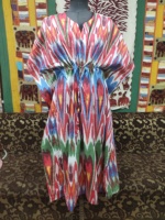 Robe de plage longue en coton pur naturel, style kaftan, imprimé floral indien Ikat, couvre-bikini, pour l'été, col en V, grande taille