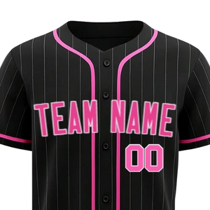 Camiseta de Béisbol Negra con Rayas Finas y Ribete Rosa, Cierre de Botones, Transpirable, de Secado Rápido, Malla de Poliéster, Personalizable con Nombre, Número y Logotipo - Product Image 3