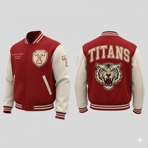 Chaqueta Universitaria Personalizada de Alta Calidad para Hombre, Color Rojo Sólido, Cómoda, Talla Grande, Cuerpo de Lana, Mangas de Cuero Rosa, Colores Personalizados - Product Image 1