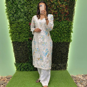 นักออกแบบสไตล์บอลลีวูดสวมใส่ฤดูร้อนที่ได้รับความนิยมมัสลินพิมพ์ดิจิตอลด้วยด้ายฝ้ายปักเสื้อทํางานและกางเกงทํางาน - Product Image 1